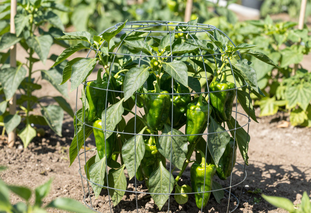 A healthy pepper plant loaded with green peppers supported by a wire cage in a garden bed
