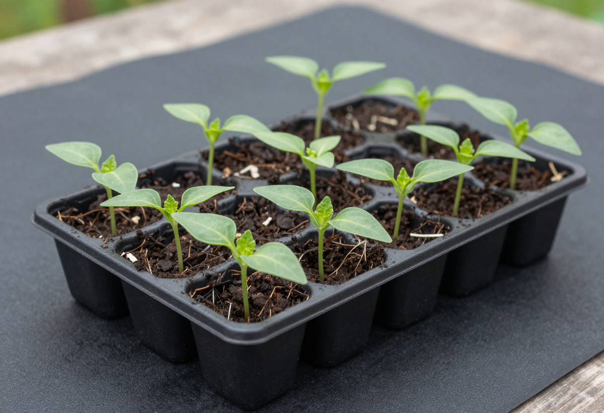 Young pepper seedlings growing in a black seed starting tray sitting on a seedling heat mat