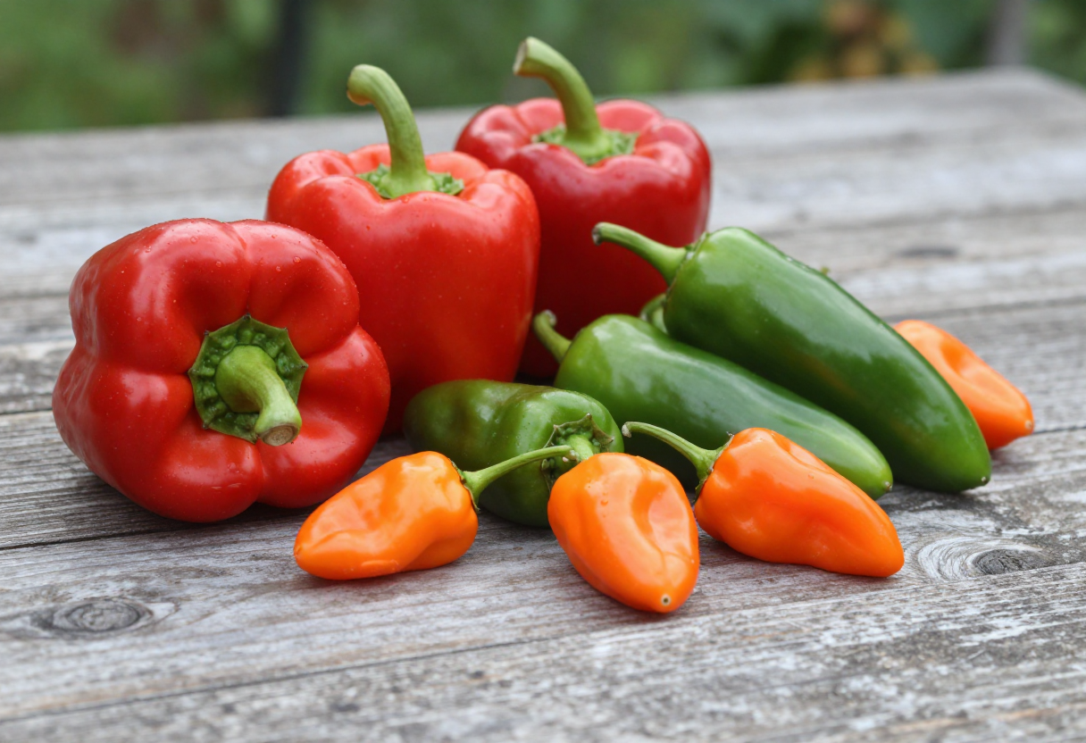 A variety of peppers including red bell peppers, green jalapeΓ±os, and orange habaneros arranged together on a wooden table