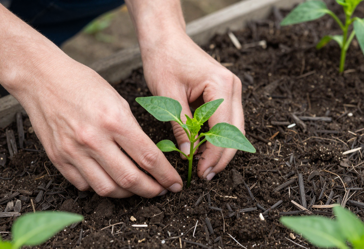 A gardener planting a young pepper seedling into a warm garden bed with dark mulch around it