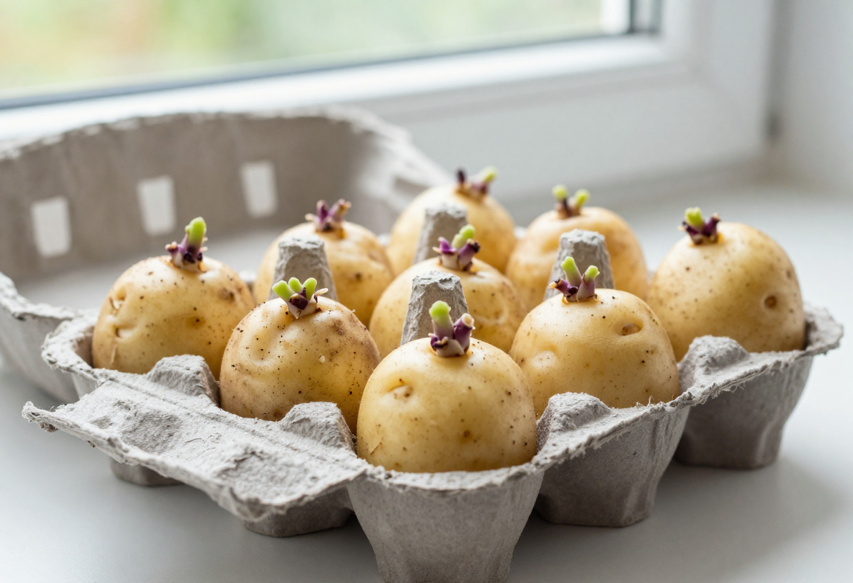 Seed potatoes with short green and purple sprouts sitting in an egg carton on a bright windowsill