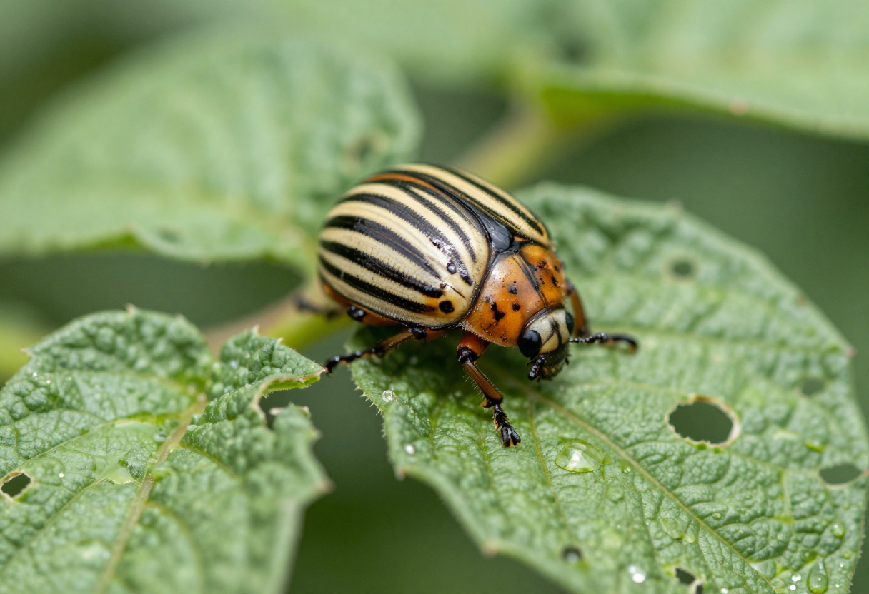 A striped yellow and black Colorado potato beetle on a green potato leaf with chewed edges