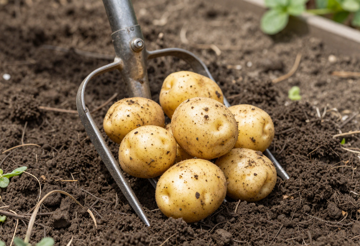 A garden fork lifting a cluster of freshly dug golden potatoes out of dark soil