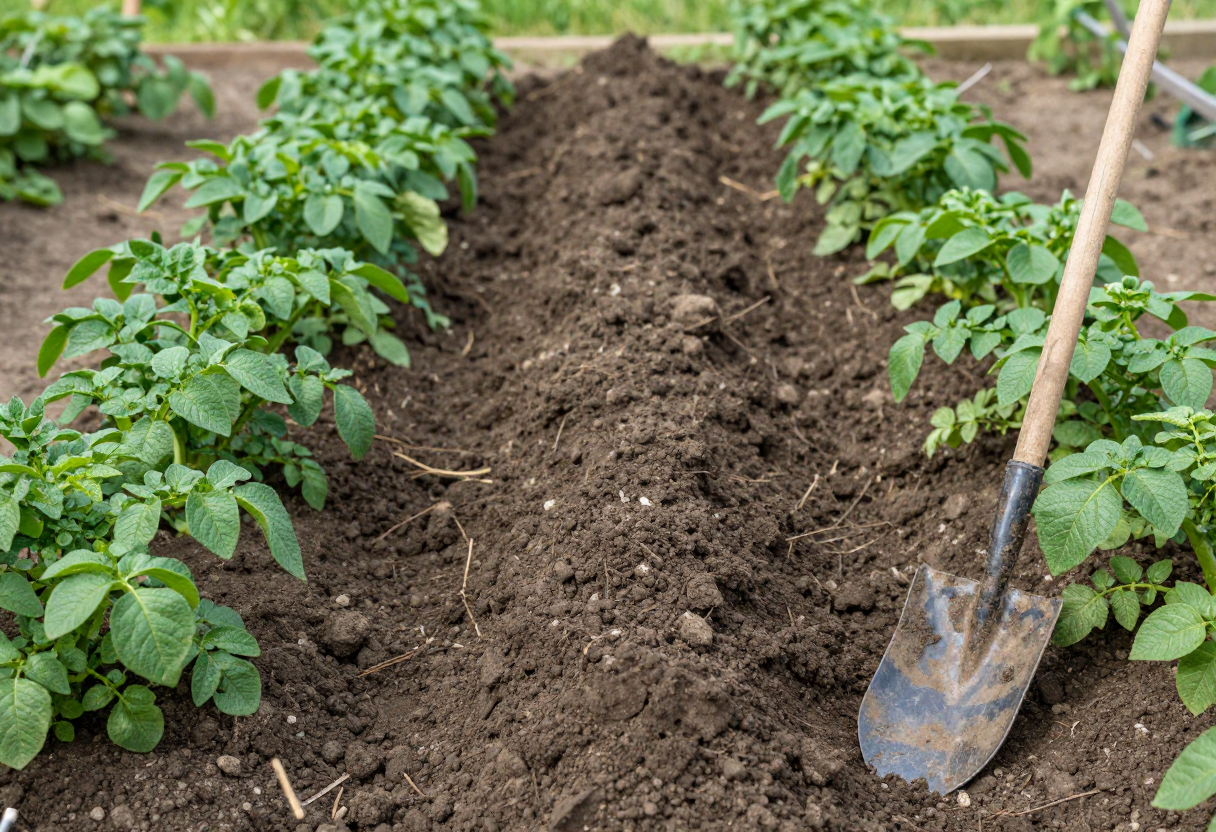 A raised ridge of loose dark soil heaped between rows of young leafy potato plants with a shovel leaning beside it