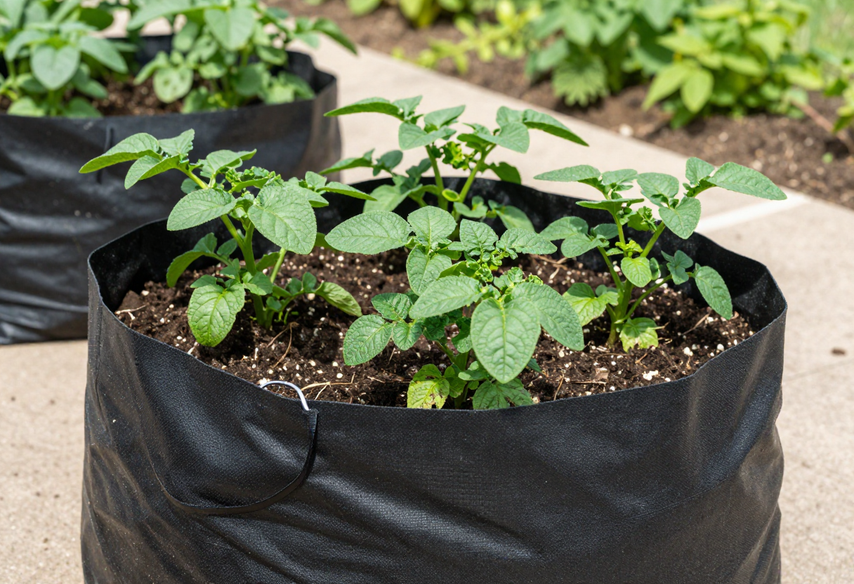 A large fabric grow bag on a sunny patio filled with soil and green leafy potato plants growing from the top