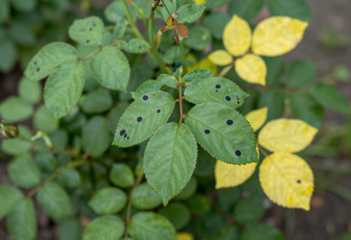 Green rose leaves with black spots and some yellowing leaves on a rose bush