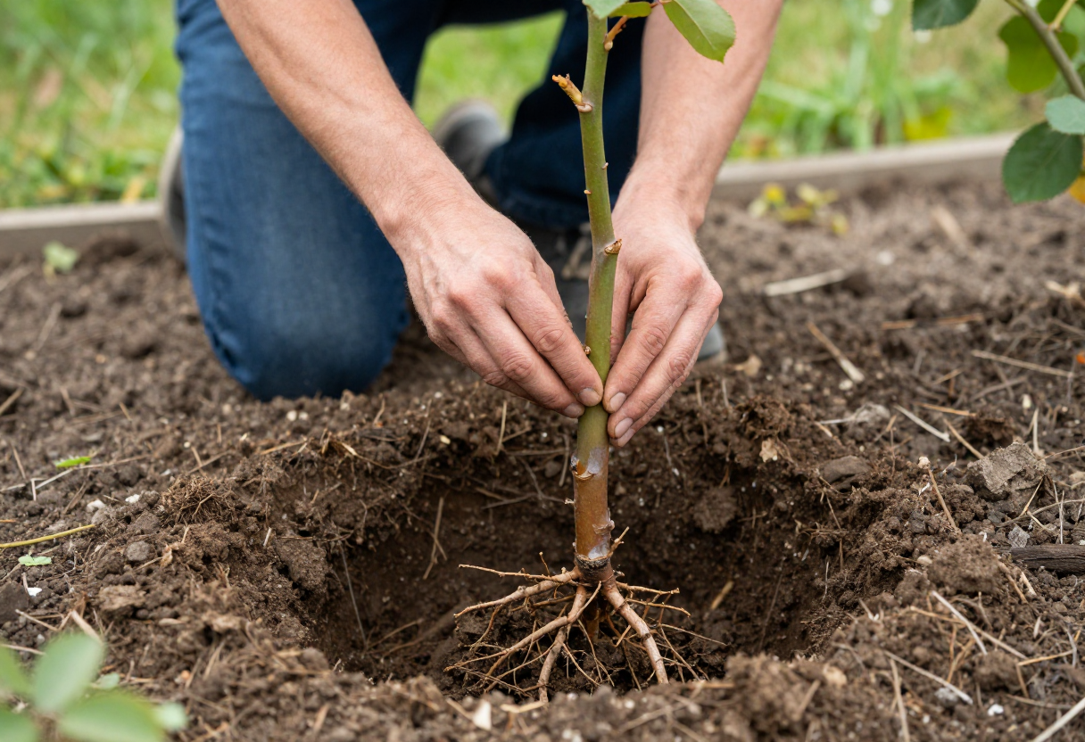 A gardener setting a bare-root rose into a wide hole of dark amended soil in a garden bed