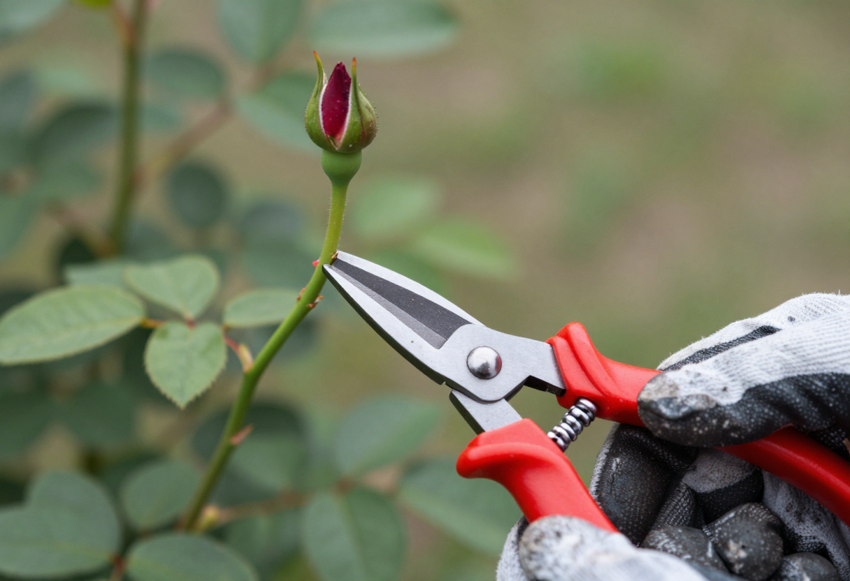 A gloved hand holding red-handled pruners beside a rose stem with a bud on a green rose bush