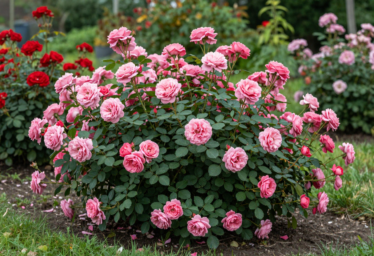 A garden border filled with pink and red shrub roses in full bloom on bushy healthy plants