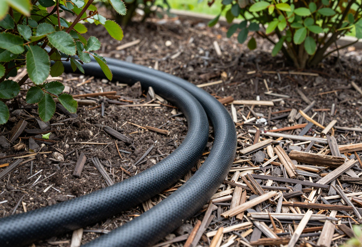 A black soaker hose running along the soil at the base of rose bushes under a layer of mulch