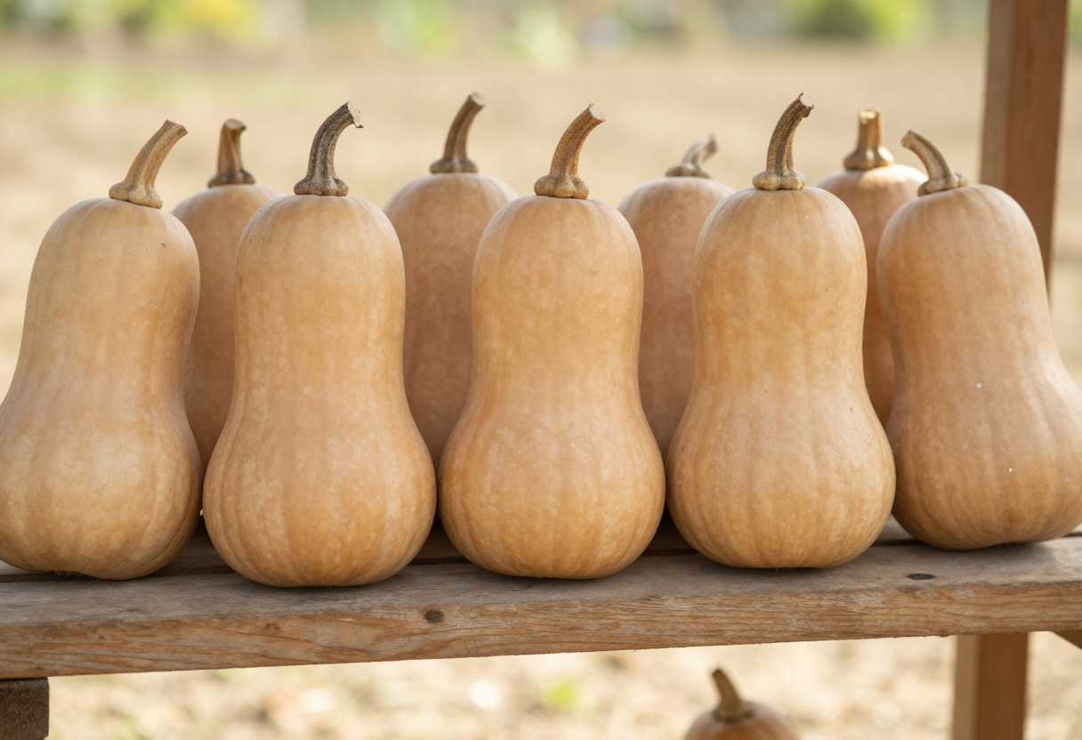 Harvested butternut squash with stems attached sitting in a single layer in a warm dry sunny spot to cure