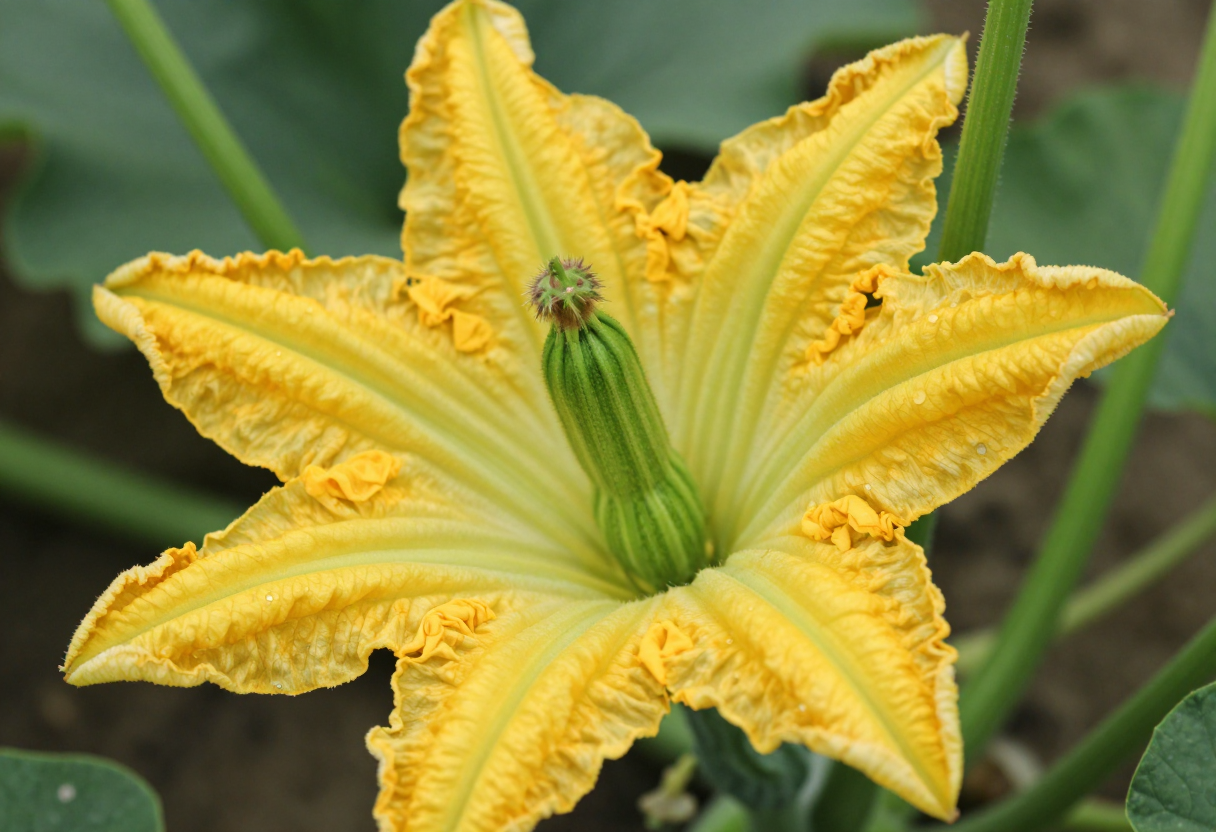 A large open yellow squash blossom with a ribbed green central column on a squash vine