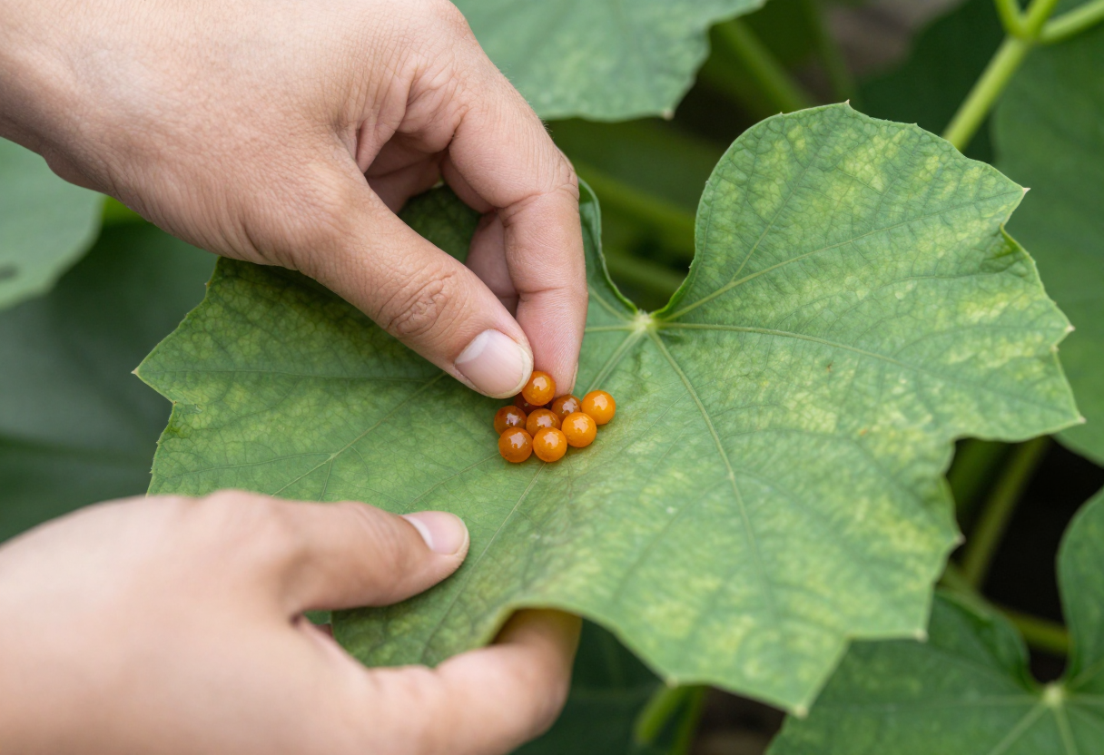Fingers pointing to a small cluster of orange-brown eggs on a green squash leaf