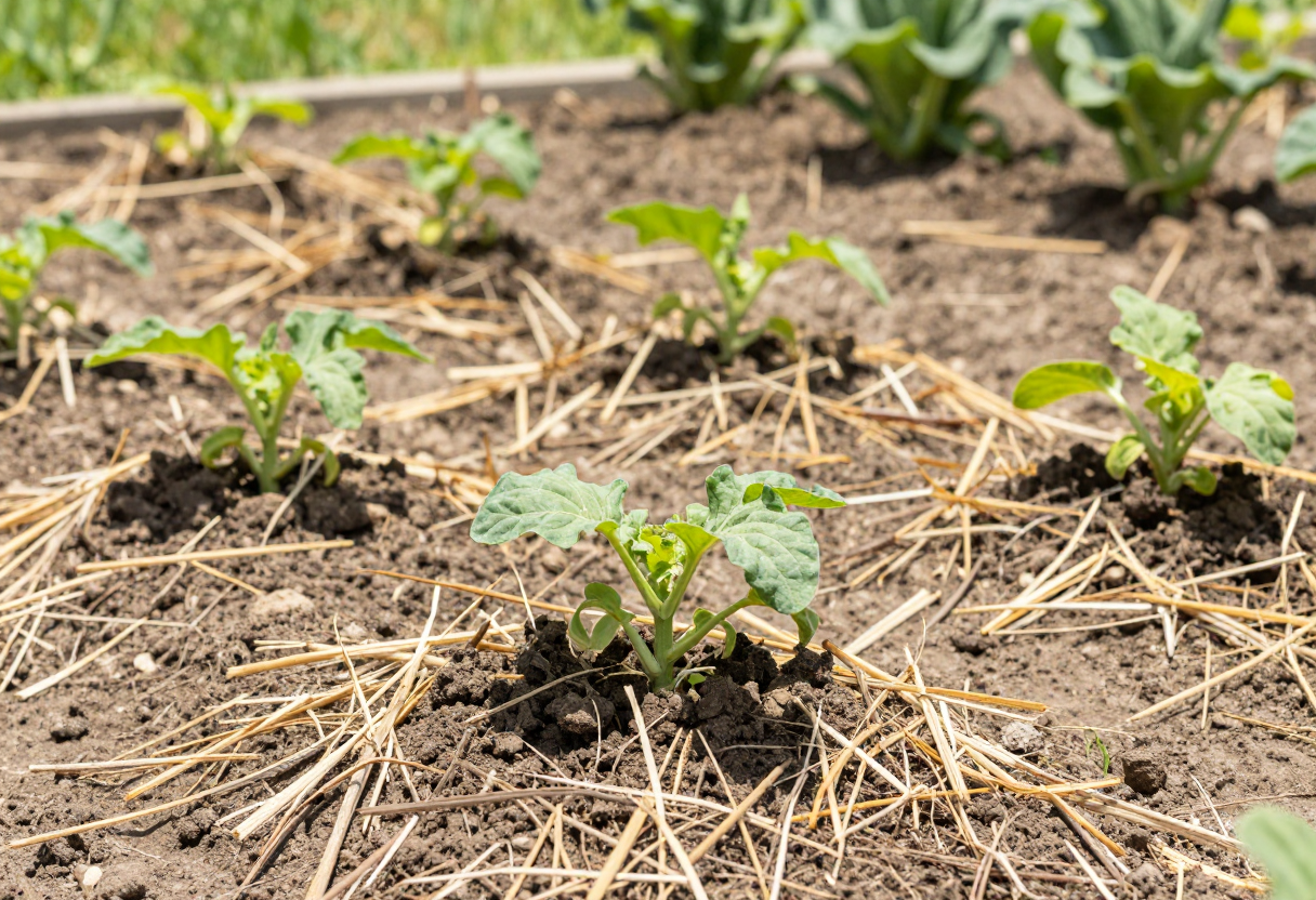 Young squash plants growing on rounded mounds of dark soil in a sunny garden with mulch