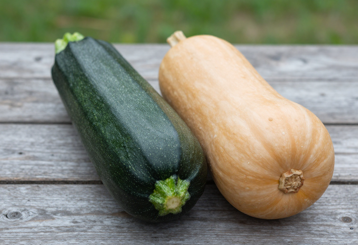 A green zucchini and a tan butternut squash lying side by side on a wooden table