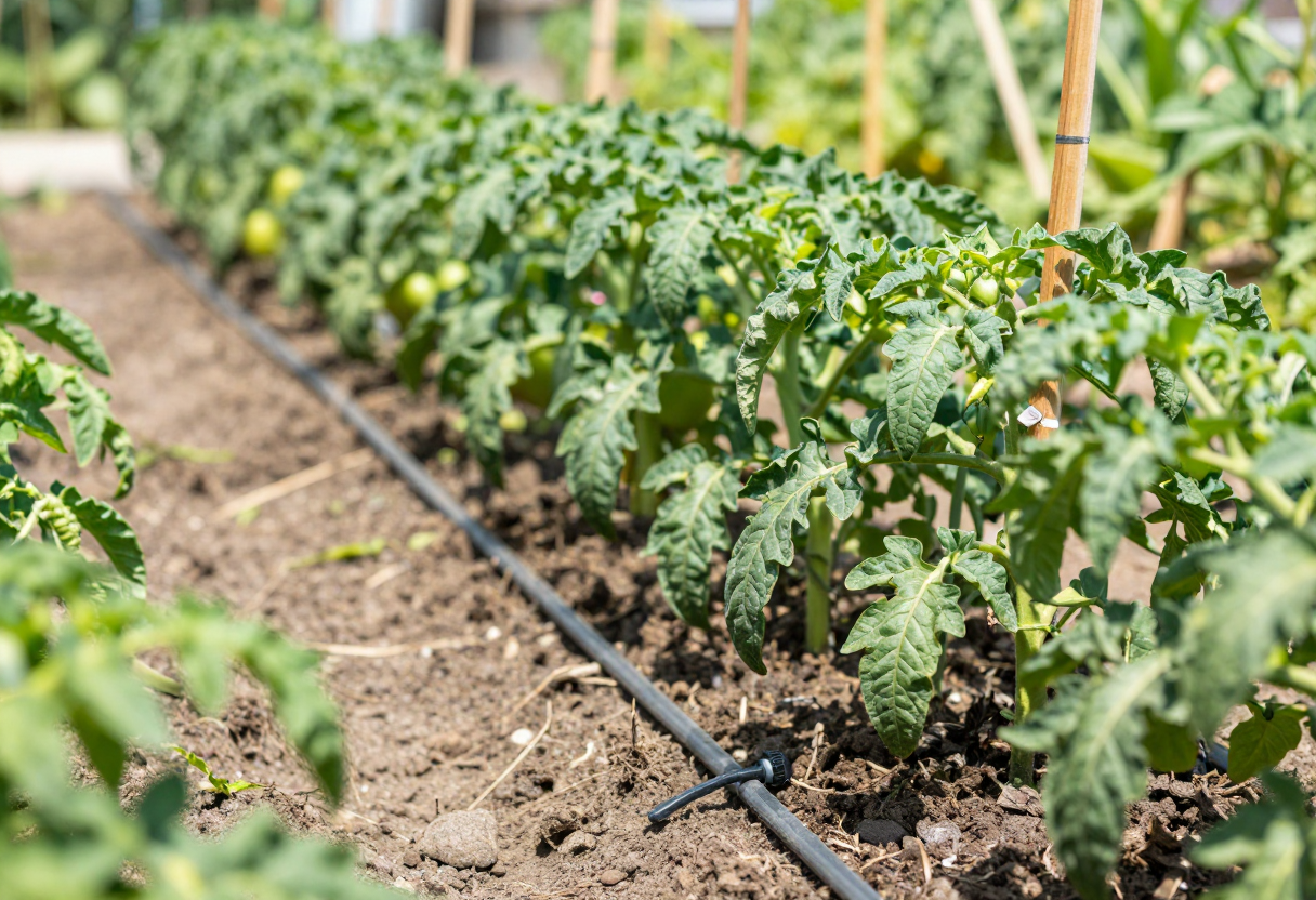 A drip irrigation line running along a row of mulched tomato plants in a garden bed