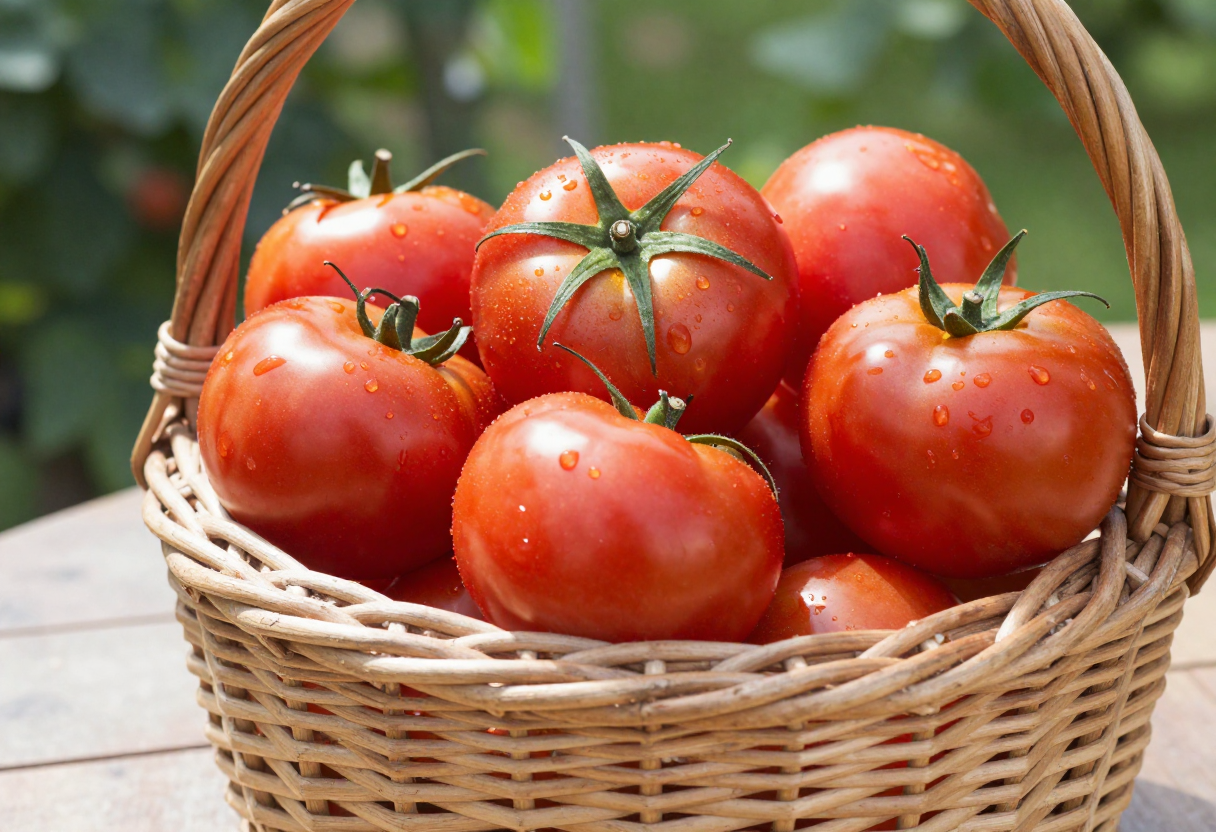 A basket full of freshly harvested ripe red tomatoes from a home garden