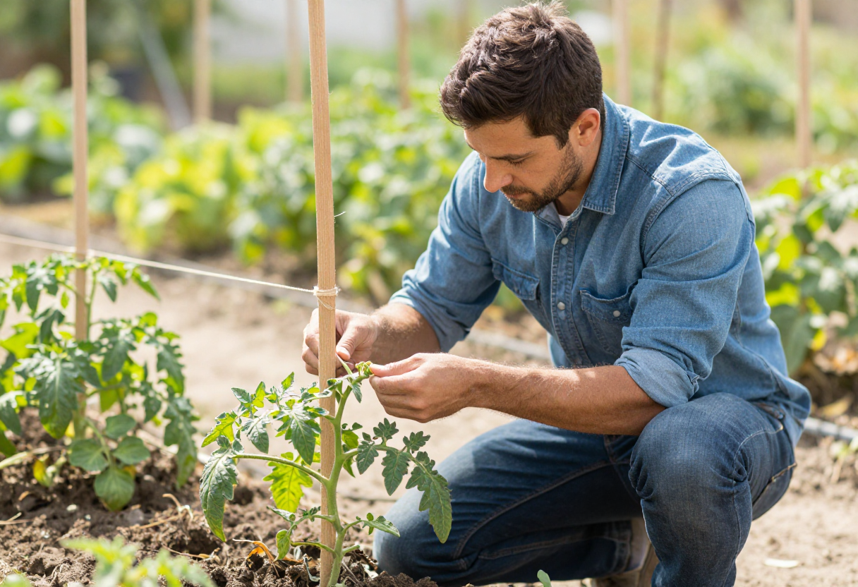 A gardener tying a young tomato plant to a wooden stake in a garden bed