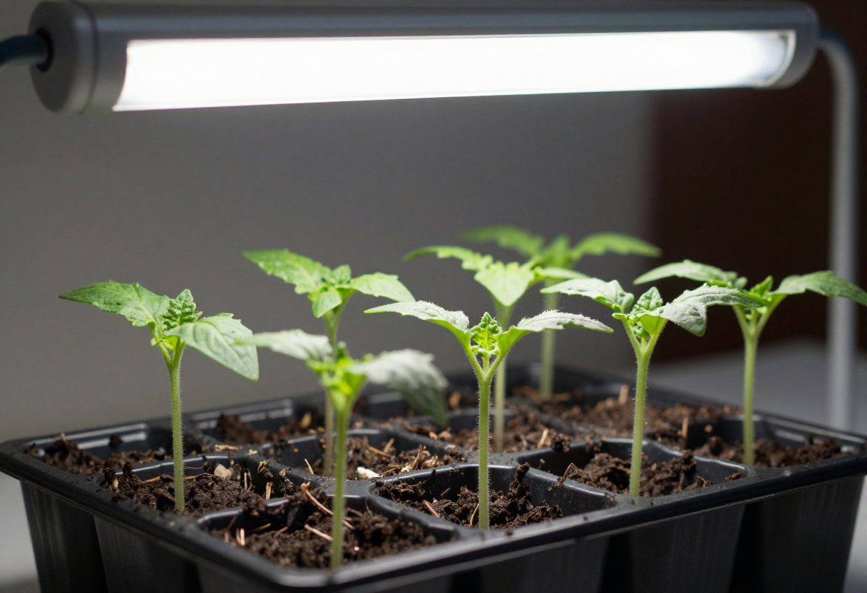 Young tomato seedlings growing under a grow light indoors in seed starting trays
