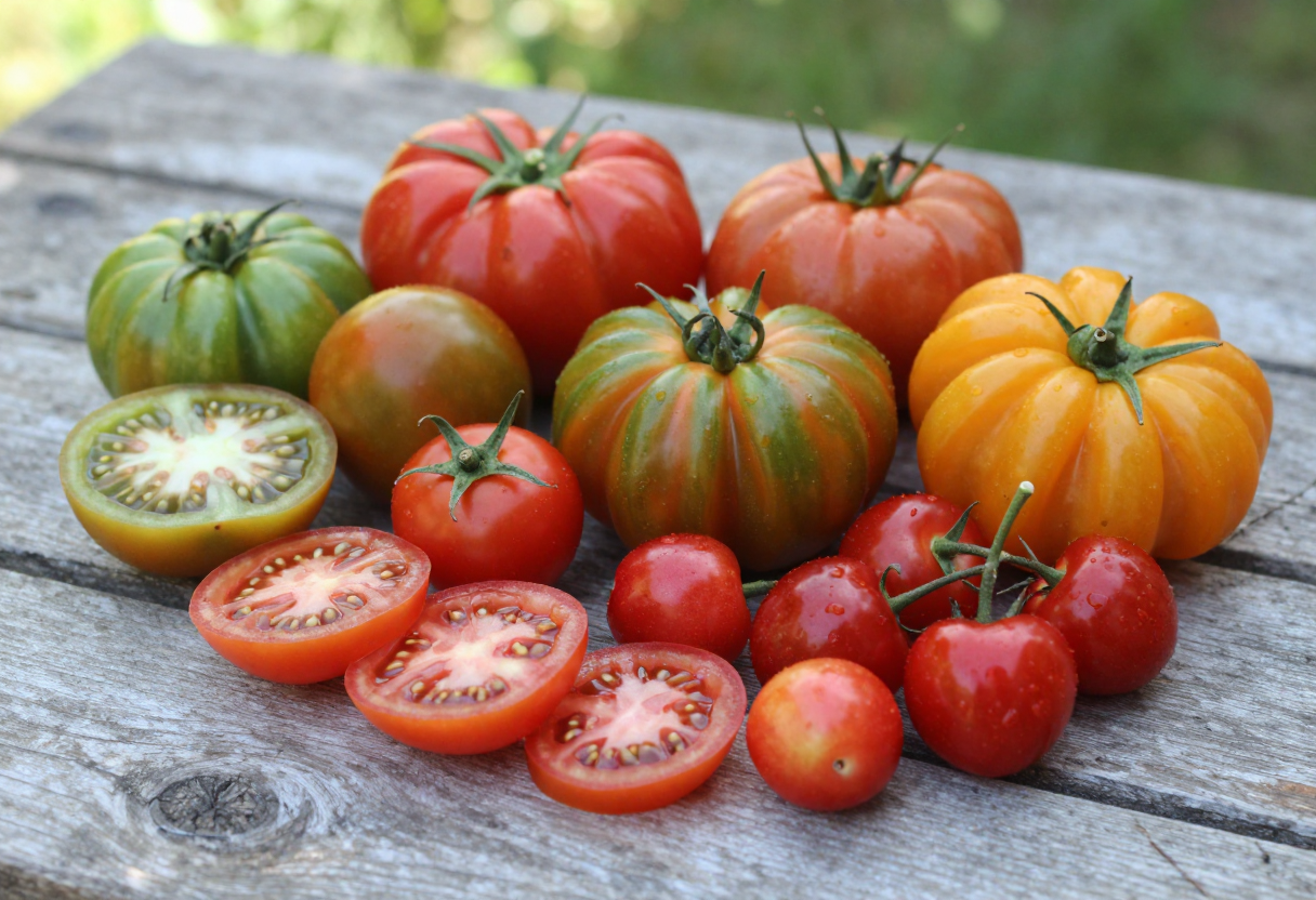 A variety of tomato types including cherry, slicing, and paste tomatoes displayed together on a wooden table