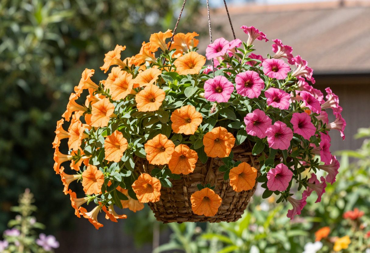 A sunny hanging basket filled with trailing calibrachoa and petunias in bright colors
