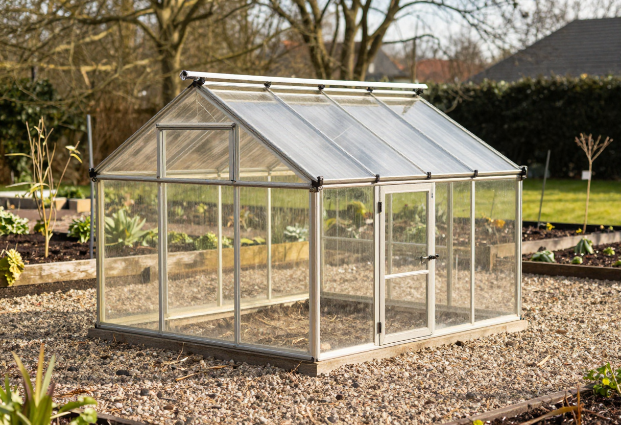 A small greenhouse sitting on a level gravel base in an open sunny yard with low winter sunlight