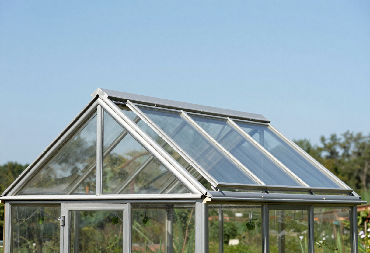 An open roof vent at the peak of a greenhouse letting hot air escape above green plants