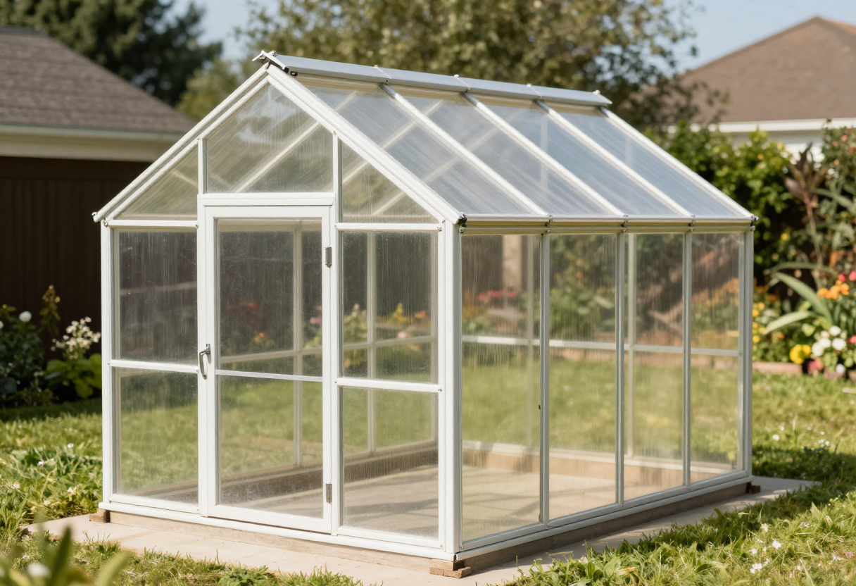 A small freestanding polycarbonate greenhouse with an aluminum frame in a sunny backyard garden