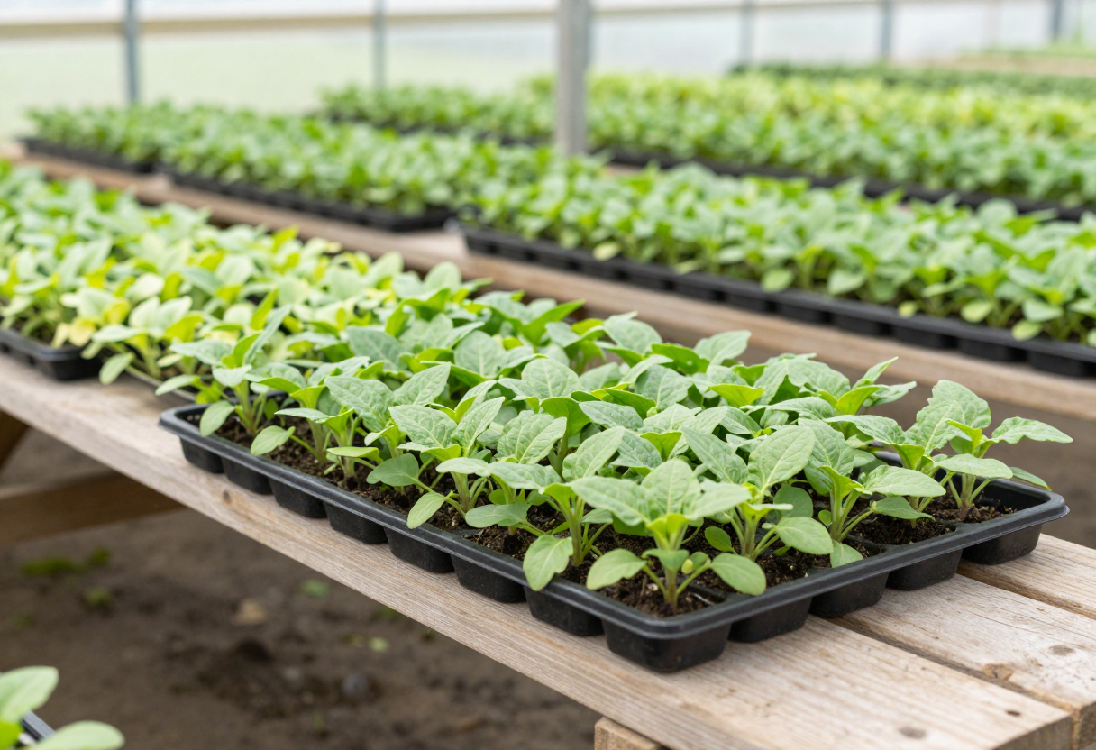 Trays of young green seedlings on wooden benches inside a bright greenhouse