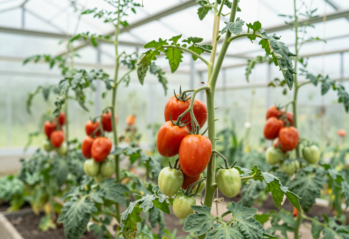 Tall tomato plants with ripening fruit growing along the inside of a bright greenhouse