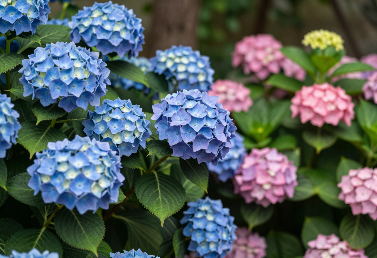 Blue and pink hydrangea flower heads growing side by side on neighboring shrubs