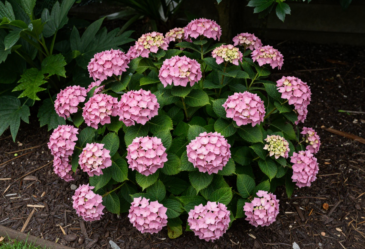 A large pink hydrangea shrub in bloom growing in a shaded garden border with dark mulch at its base