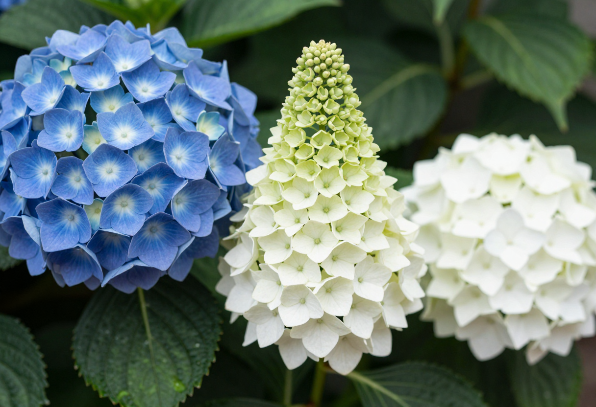 A mix of hydrangea flower types including a blue mophead, a white cone-shaped panicle, and a white round smooth hydrangea