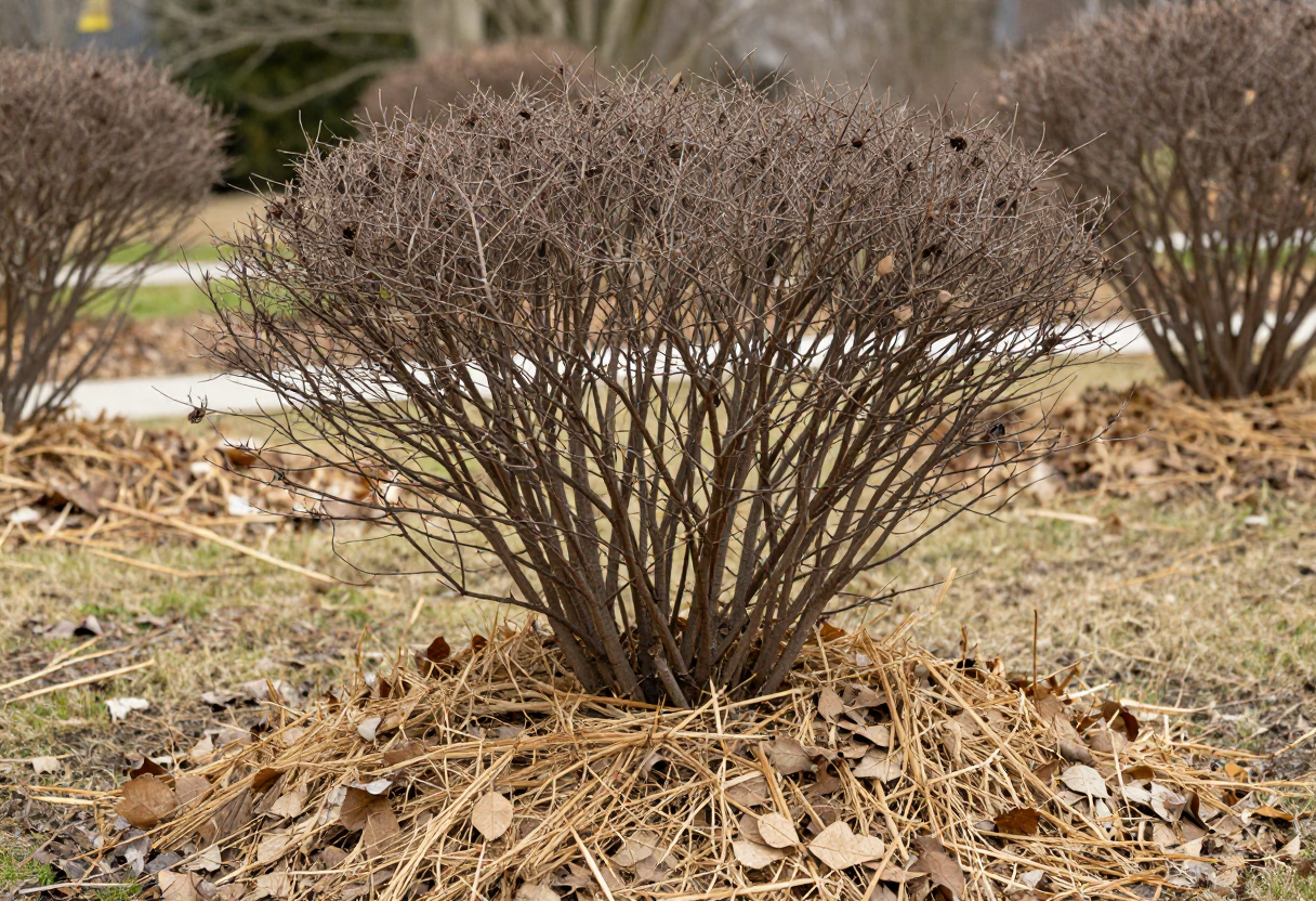 A hydrangea shrub in late fall with bare stems and a thick layer of straw and leaves mulched around its base