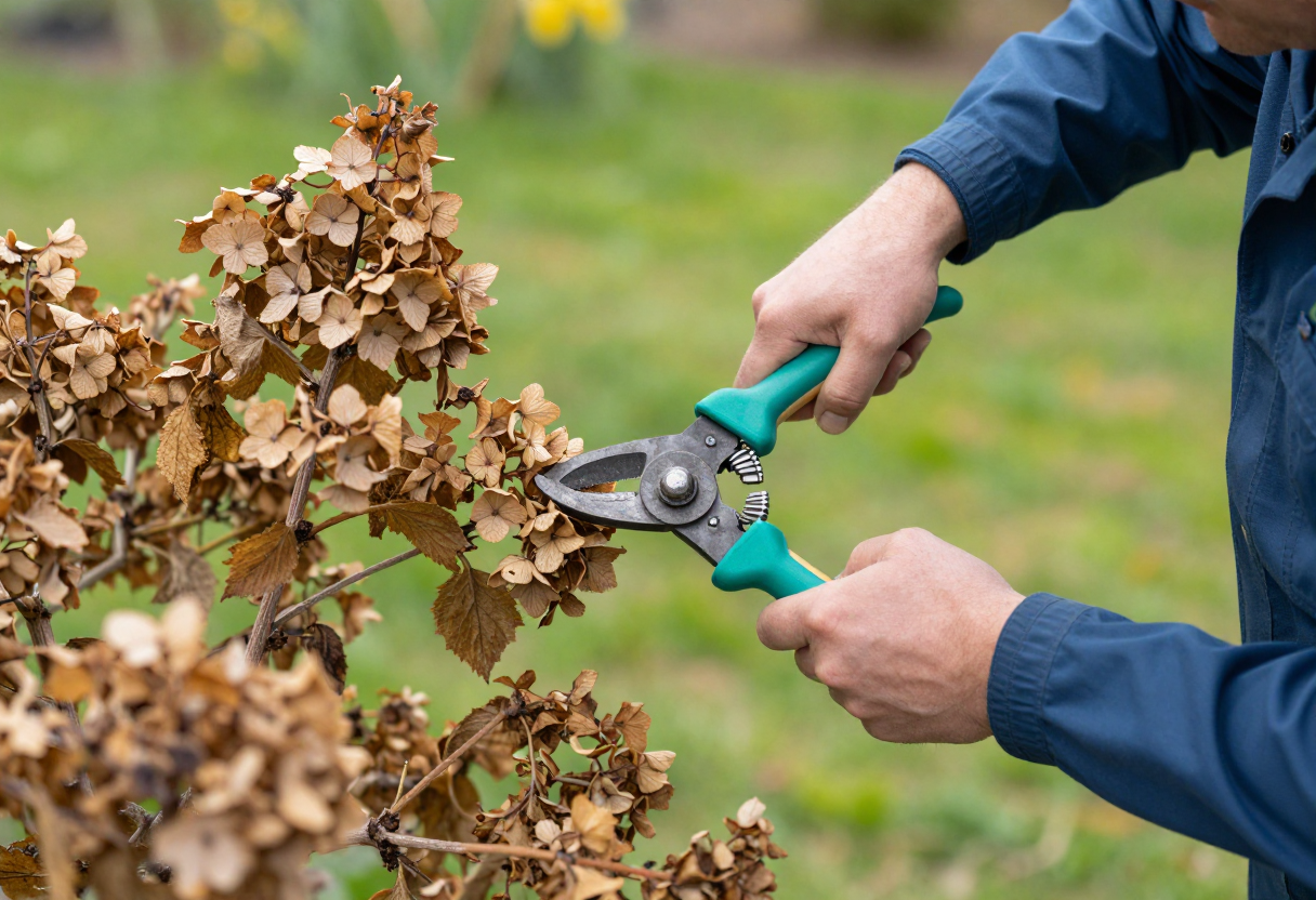 A gardener using hand pruners to remove old dead flower heads from a hydrangea shrub in early spring