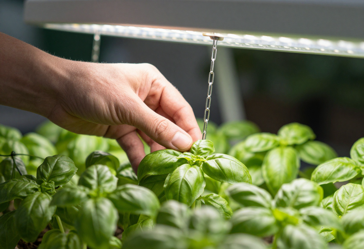 A hand adjusting the hanging height of an LED grow light above healthy basil plants