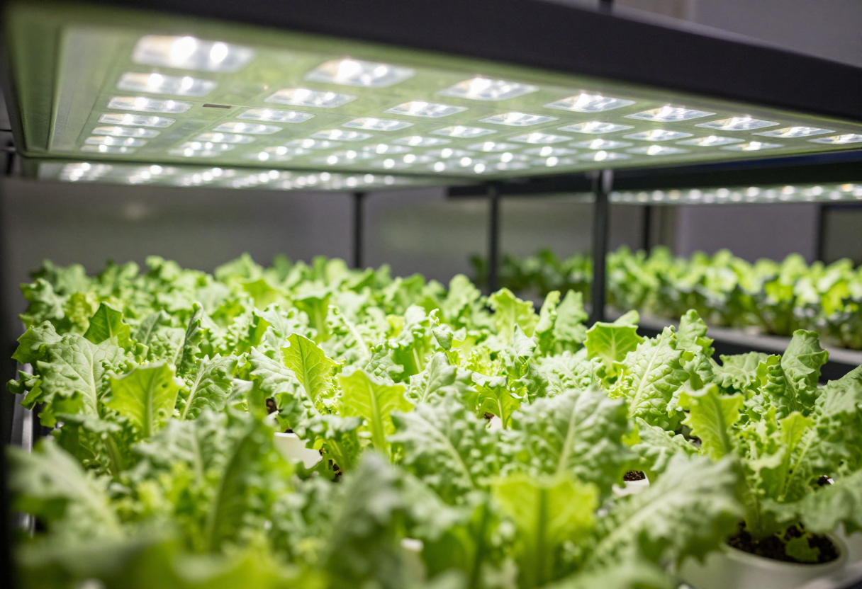 The inside of a grow tent with an LED grow light above rows of healthy leafy plants