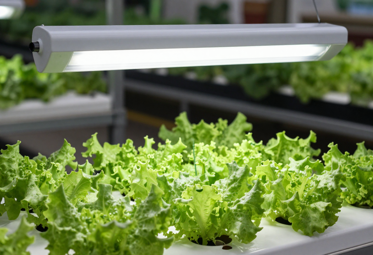A white LED grow light bar hanging above healthy lettuce plants in a hydroponic system