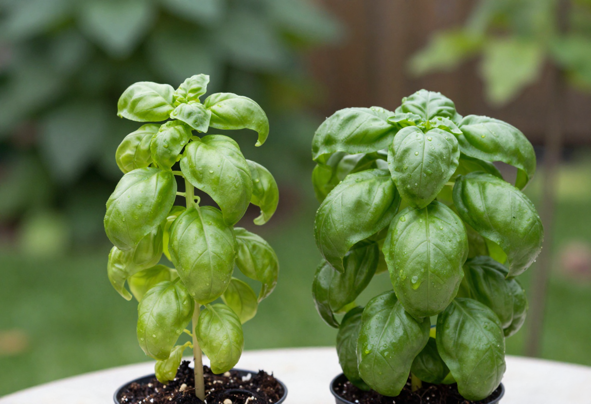 Two basil plants side by side, one tall pale and leggy and one short compact and deep green