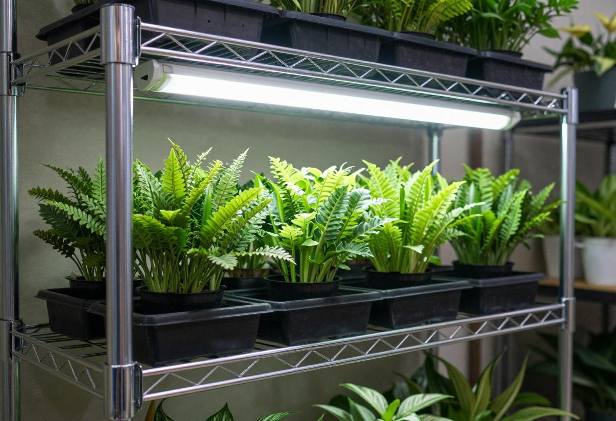 A shelf holding trays of plants with a white LED bar light above one shelf and a fluorescent tube light above another
