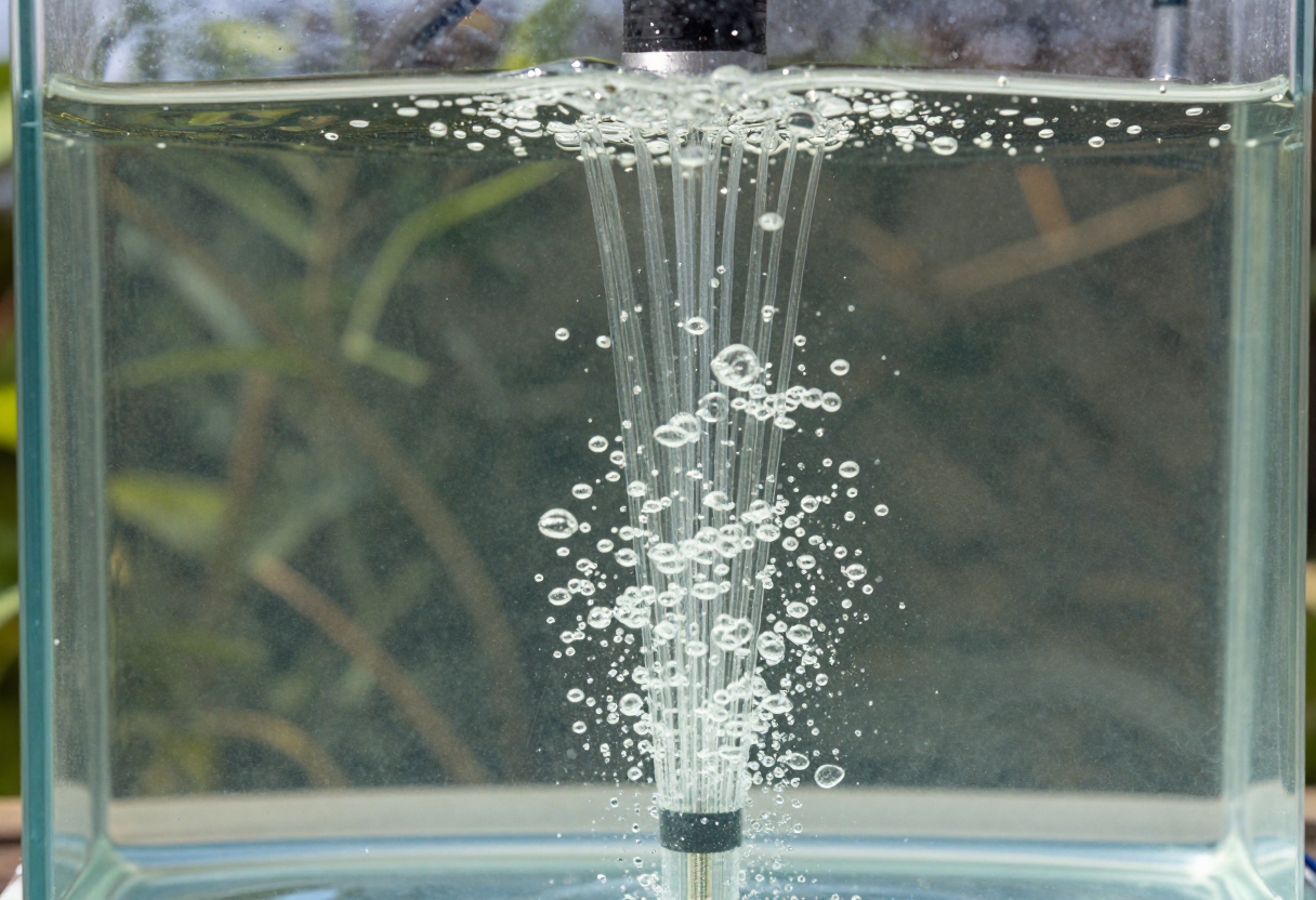 An air stone bubbling in a clear reservoir of nutrient solution beneath hydroponic plants