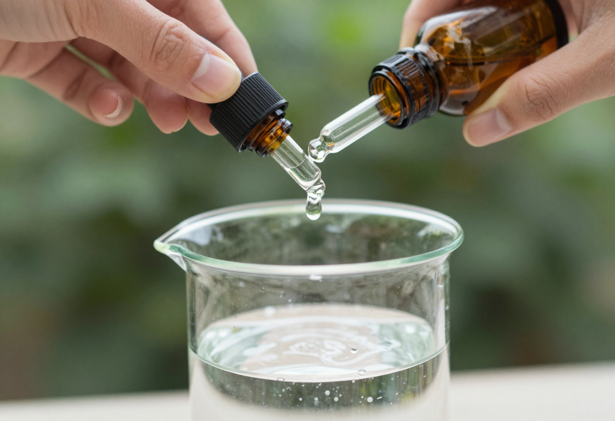 A hand adding liquid nutrient from a plain dropper bottle into a clear water reservoir