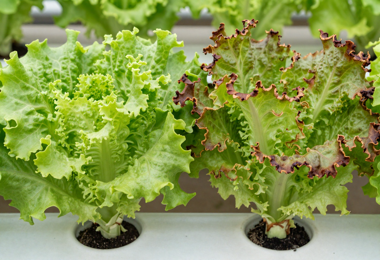 Two hydroponic lettuce leaves side by side, one healthy and green and one with brown burnt tips