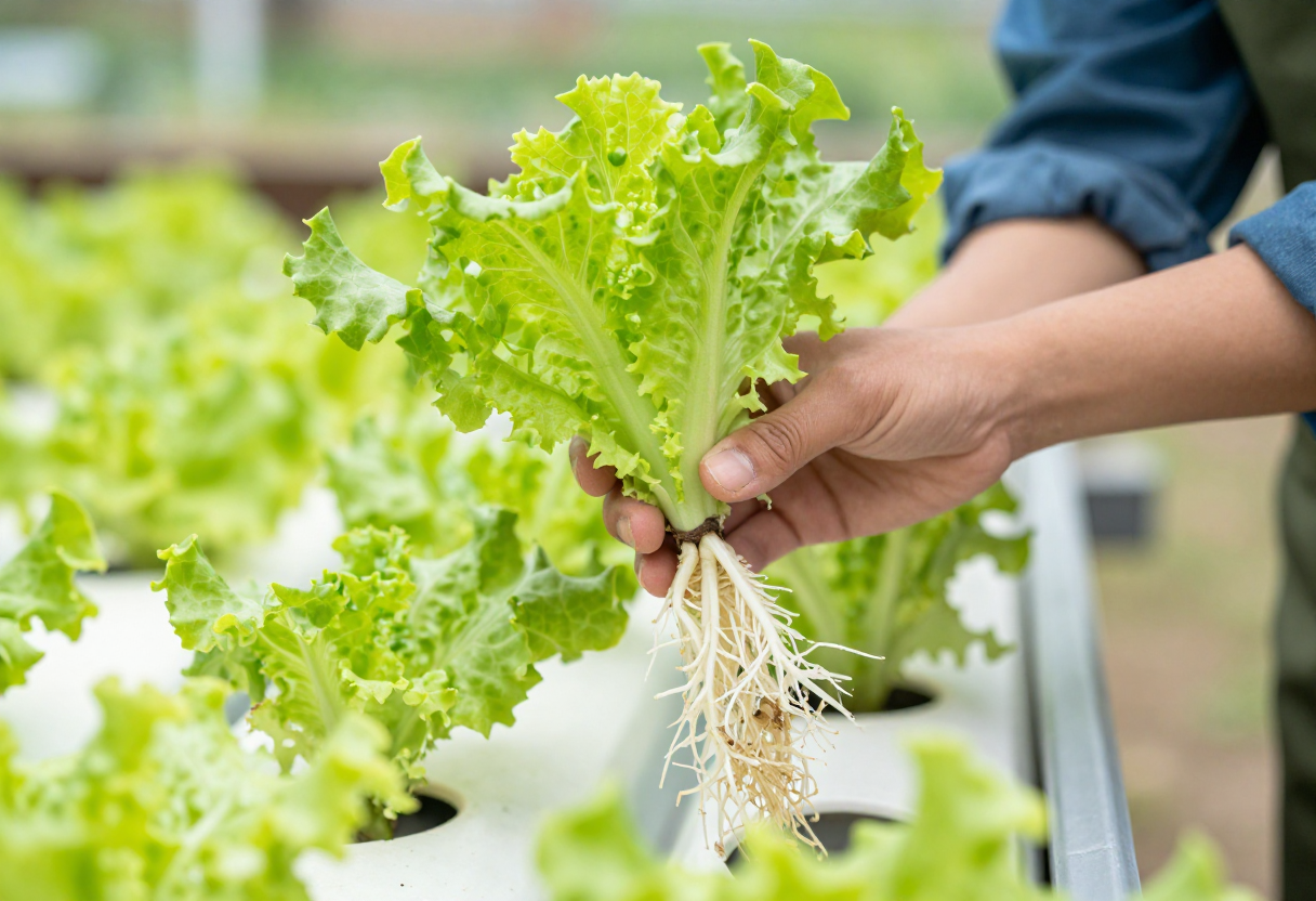 A gardener inspecting the healthy white roots of a hydroponic lettuce plant