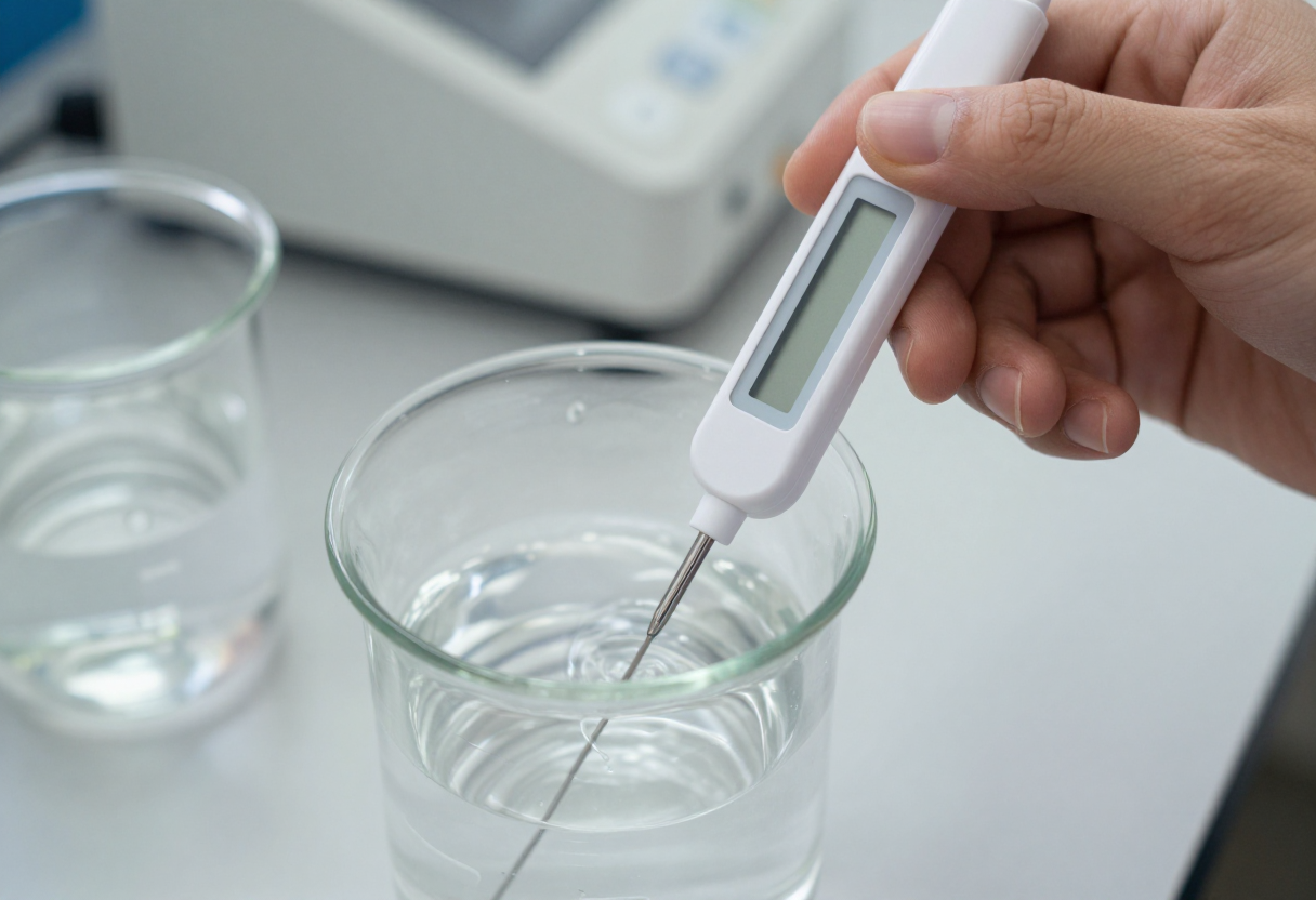 A digital pH pen being held in a glass of water on a workbench with the display out of focus