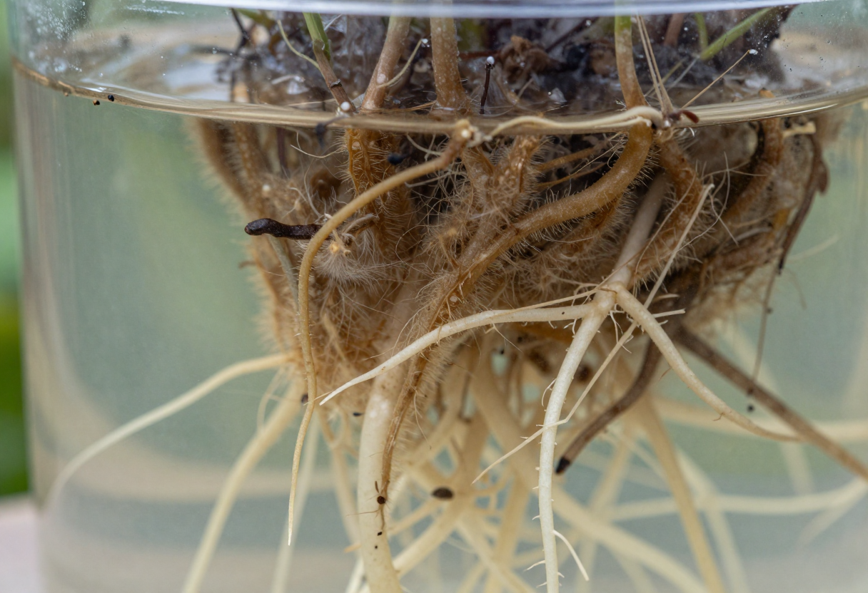 Brown slimy roots hanging from a net pot into a hydroponic reservoir