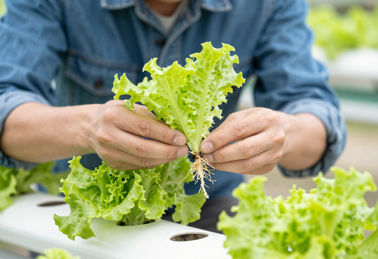 A gardener examining a hydroponic lettuce plant with slightly yellowing leaves under bright light