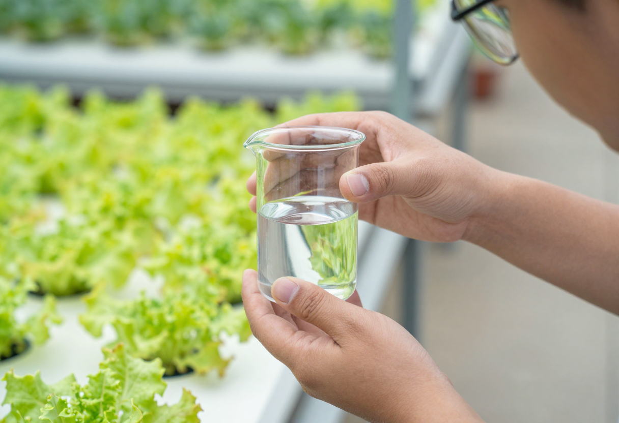 A gardener testing a small glass beaker of water beside a hydroponic reservoir