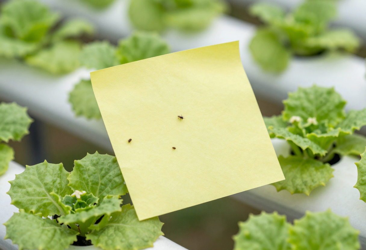 A yellow sticky trap covered with tiny flying insects hanging near hydroponic plants