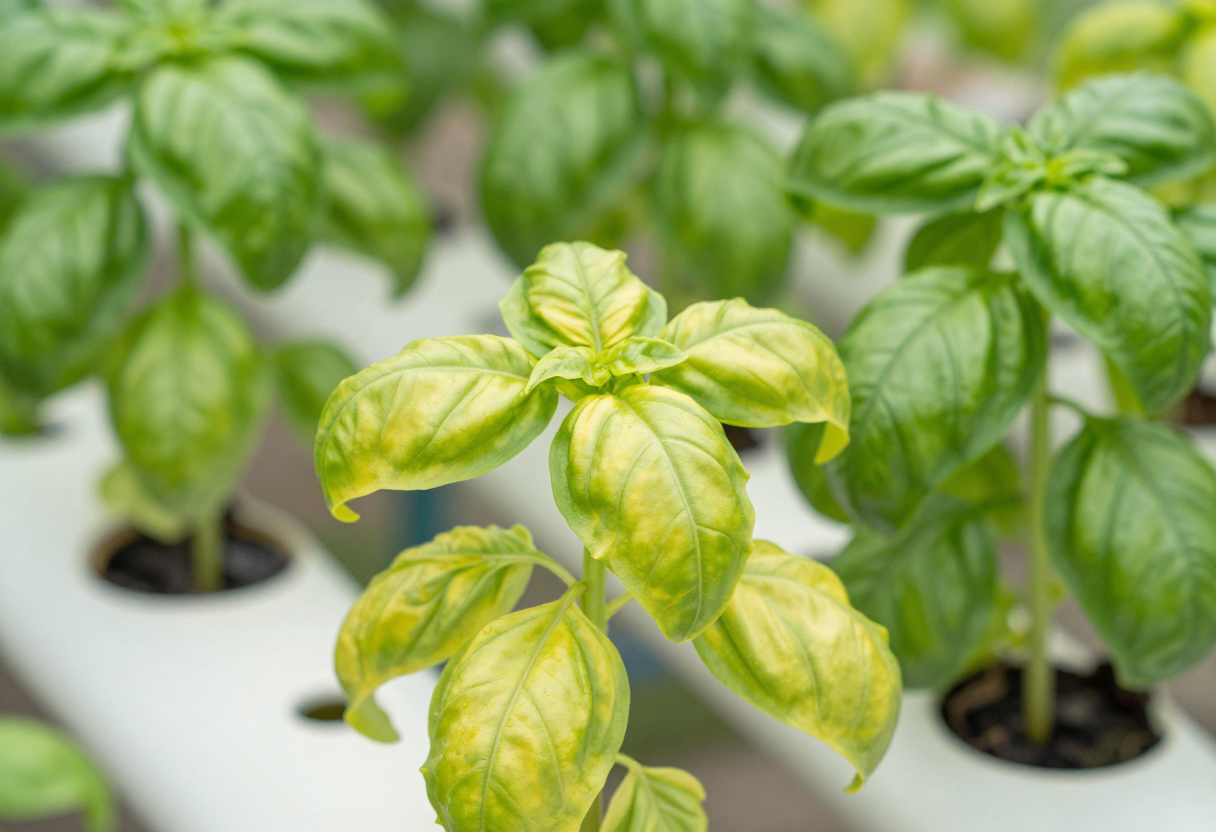 A hydroponic basil plant with pale yellowing leaves